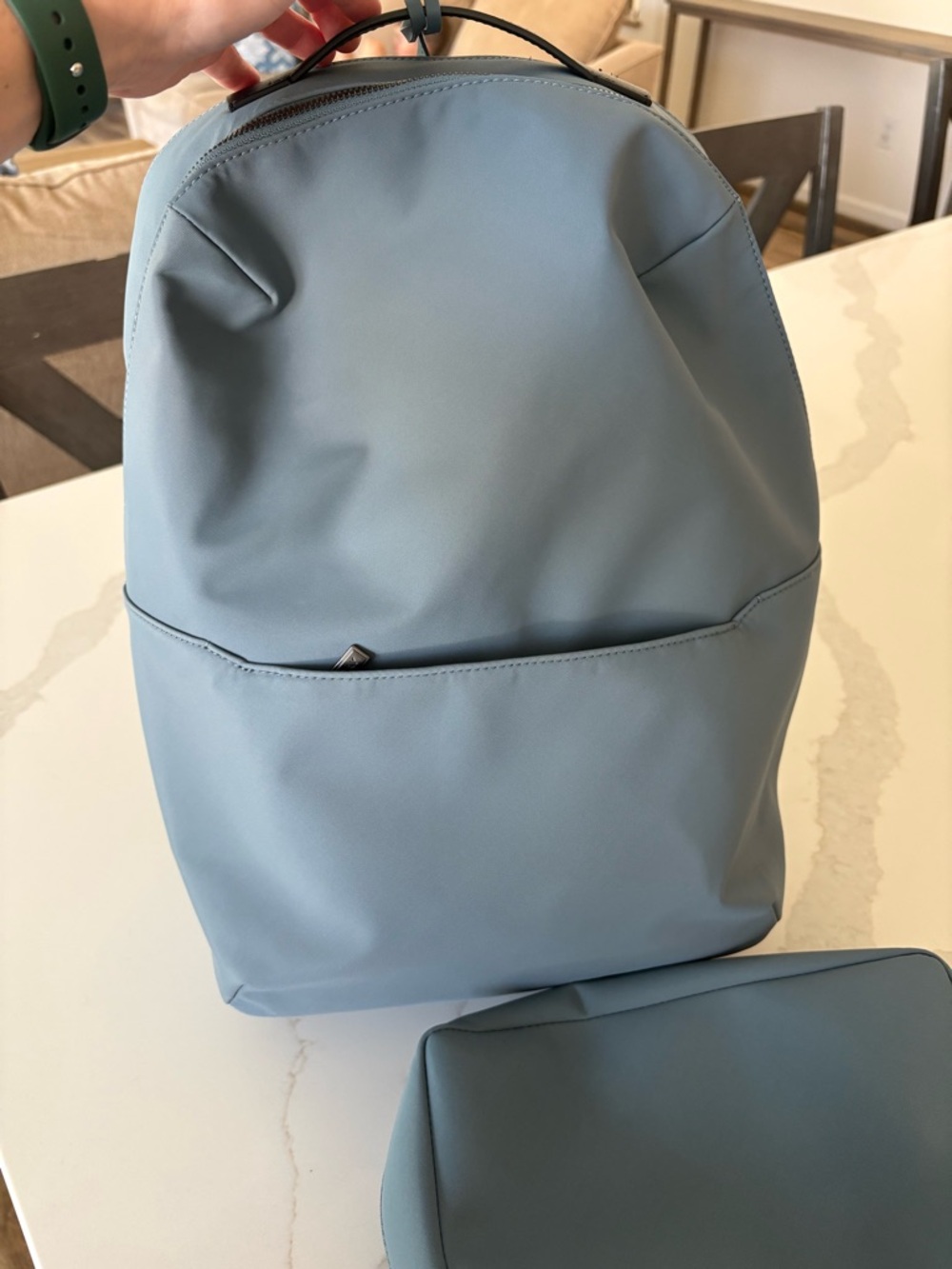 Away Light Blue Minimalist Backpack and large toiletry bag